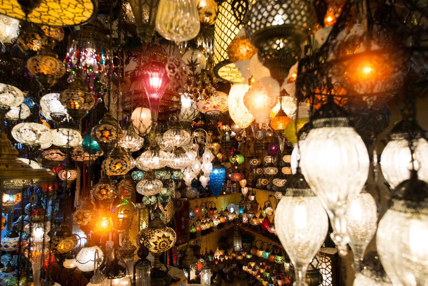 Multi colored electric lamps in Grand Bazaar in Istanbul